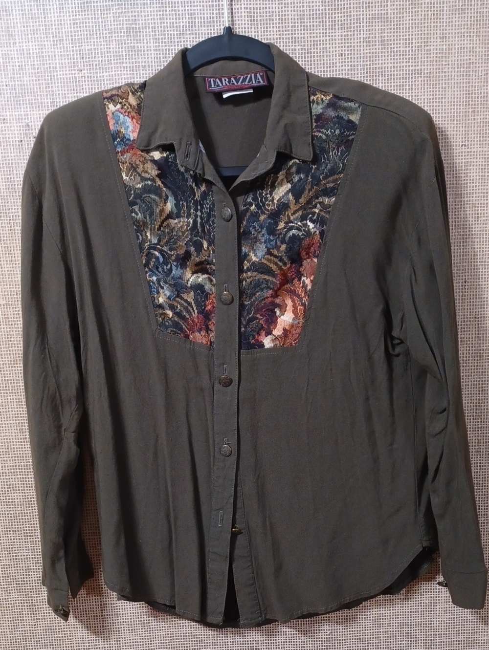 Tarazzia Olive Button-Up Blouse with Multicolor Embroidered Yoke